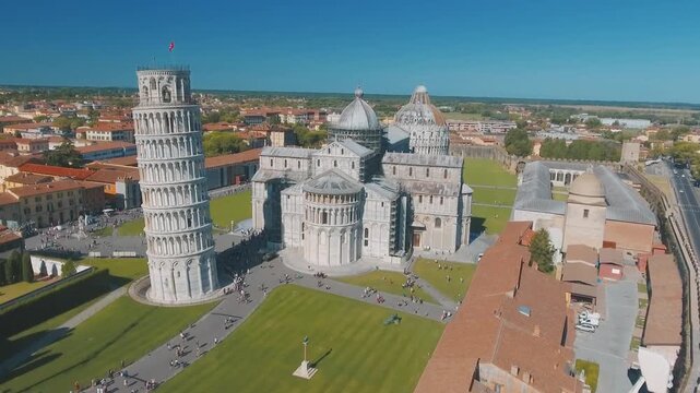 Pisa, Italy. Field of Miracles aerial view from a moving drone on a sunny day. Slow motion
