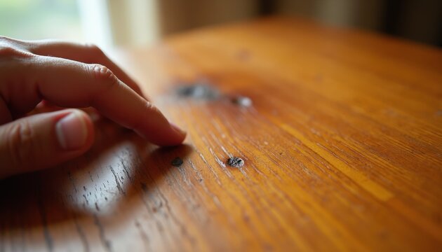Hand touches worn wood table surface. Close up shows textured grain and damage. Natural light highlights imperfections. Furniture detail investigation.