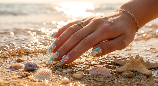3D mermaidcore stiletto nail extensions featuring fish scale texture, metallic seashell charms, half pearls, and starfish art on a sandy beach wash, sea glass nails, sunset, bokeh