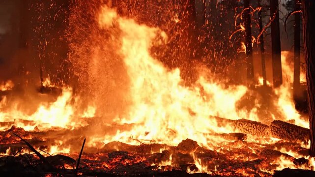 Intense forest fire with bright orange flames burning through trees and underbrush
