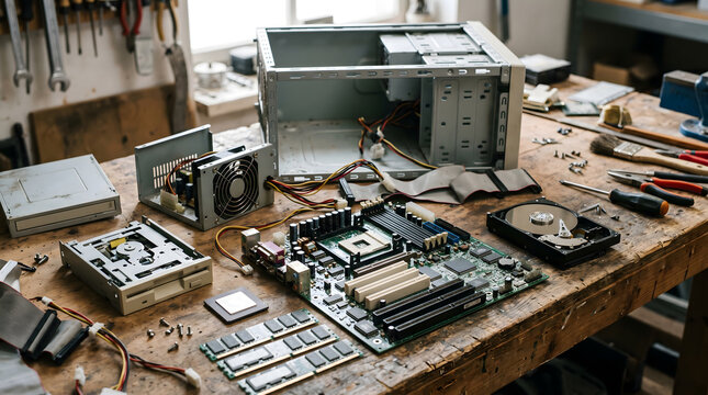 computer hardware components on workbench with tools
