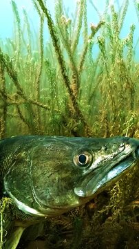 Vertical underwater shot from below as a zander - Sander lucioperca - approaches head on. Slow motion footage reveals subtle fin movements and the streamlined body of this European predator.