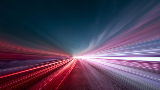 Dynamic long exposure background with vibrant red, pink, and purple light trails stretching along a highway, capturing the essence of high-speed travel, cyber connectivity, and futuristic data flow.
