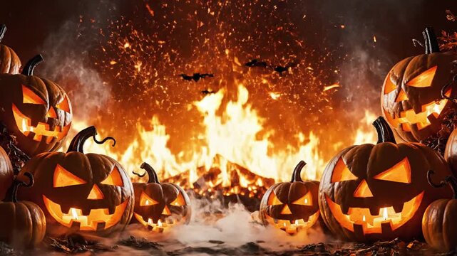 Illuminated jack o lanterns surrounded by flames and smoke for a dramatic halloween scene