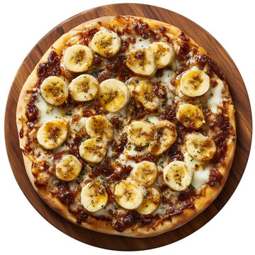 Pizza doce de banana em uma t&aacute;bua de carne e fundo trasparente