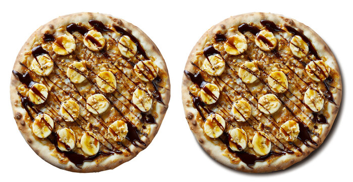 Pizza doce de banana com cobertura de chocolate em fundo trasparente