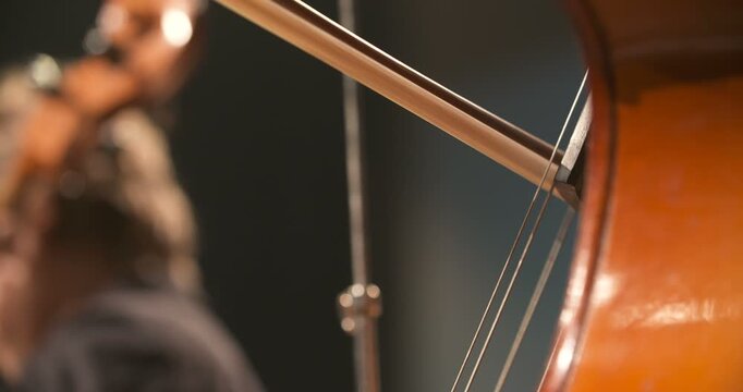 Close-up of a bowed string instrument with bow on strings