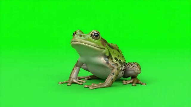 3d render of a realistic green frog sitting on a solid green background, highquality digital illustration of an amphibian for nature and wildlife design projects 4k video