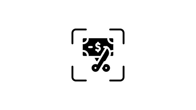 Animated scanner targeting money cutting icon for financial budget reduction concept.