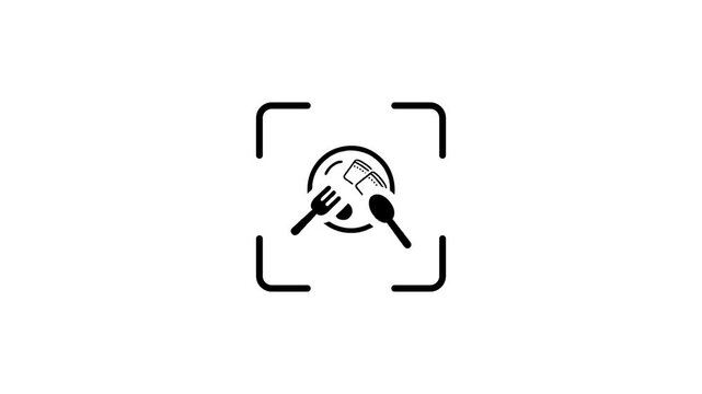 Camera viewfinder scanning food icon for digital nutrition tracking with green laser motion graphic on white.