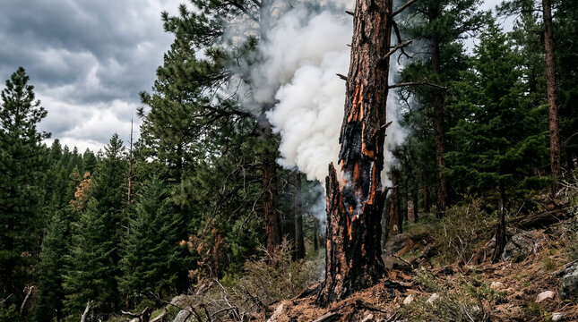 Lightning strike point on dry pine tree just starting to smolder and release white smoke