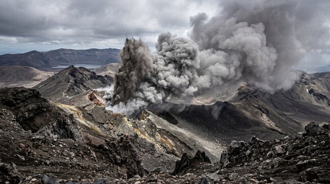 Rocky volcanic slope features a new active steam vent violently ejecting massive dark smoke clouds