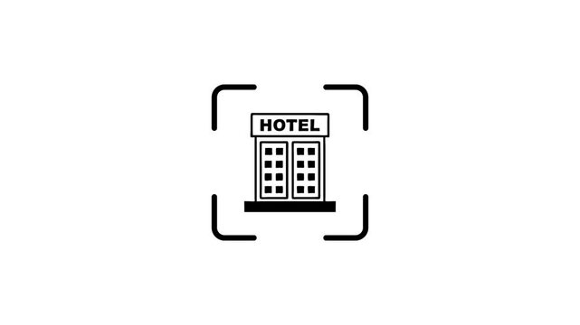 A motion graphic of a hotel building icon expanding within a target with glowing green accents indicating activation.