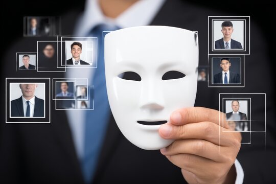 Digital deception: unveiling the threat of ai deepfakes. Real vibe. The intricacies of facial tech: man with mask in cybernetic patterns. Magazine cover. Everyday life.