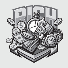 Fototapeta premium Rich Money Wealth Typography with Coins and Clock Vector Illustration