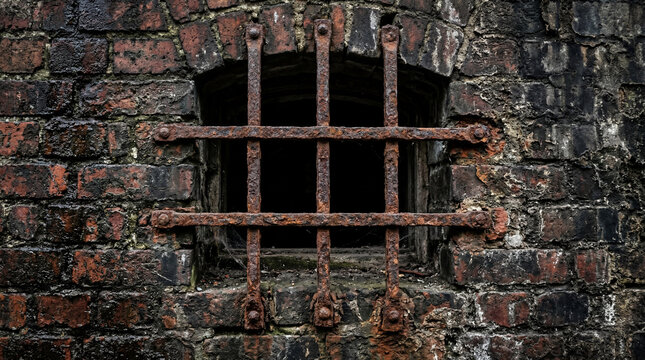 Rusted iron bars over small exterior window in dark aged old brick prison facility wall