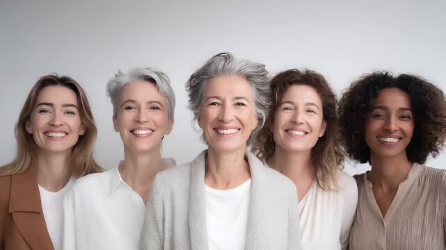 Female diversity. Human rights, equal opportunity concept. A portrait of five women, each with distinct skin tones and hairstyles, arranged in a row against a plain, light gray background.