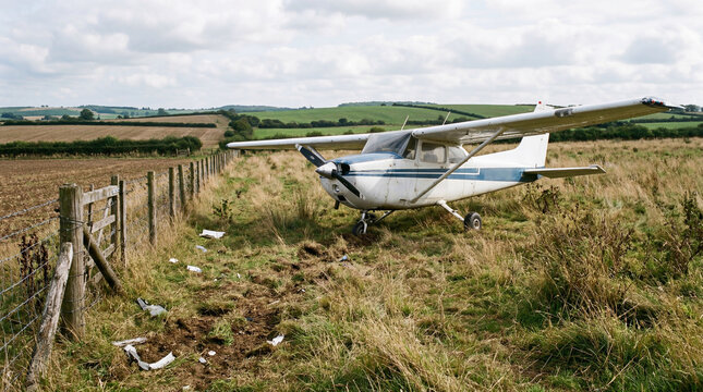 Propeller plane emergency landing near rural fence line showing realistic aviation accident crash scene details