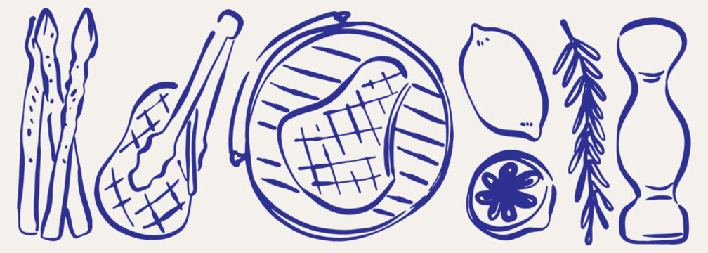 Elements related to grilling steak steak grill, asparagus, salt, lemon. Vector ink art for card decoration.