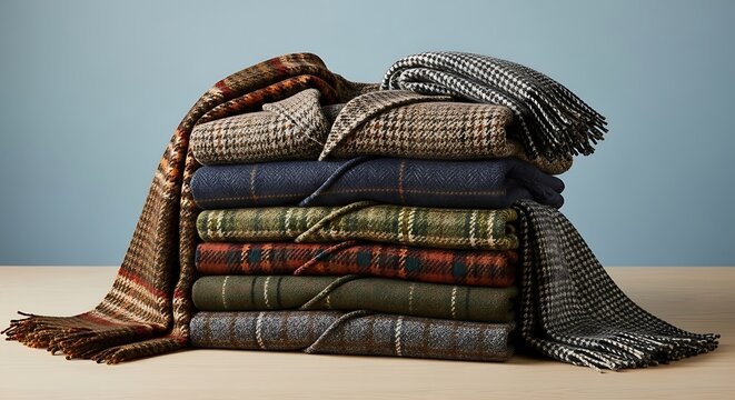 stack of folded tweed jackets and scarves