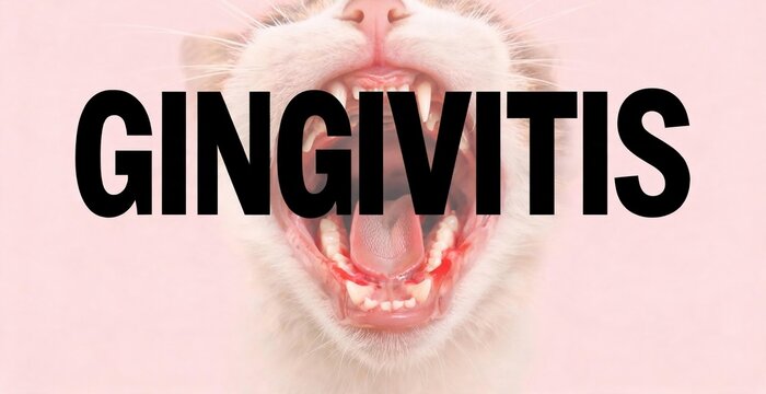 Gingivitis, an inflammatory condition affecting the gums, is graphically depicted through an extreme close-up of a cat's open mouth, revealing inflamed, red gums and sharp teeth.