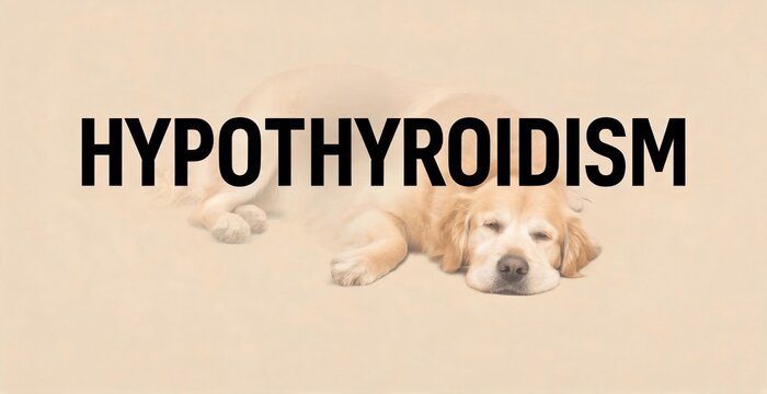 A golden retriever dog is lying down, appearing tired and lethargic, with the word HYPOTHYROIDISM prominently displayed over it, evoking a sense of illness and lack of energy.