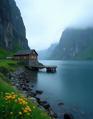 Obraz premium Wooden house on rocky shore next to calm fjord. Steep green mountains rise from water into fog. Yellow flowers grow on grassy bank near stone pier.