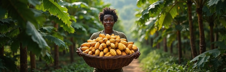 Obraz premium Smiling african farmer carries basket full of ripe cocoa pods from plantation. Person works in tropical farm harvesting cacao fruits, sunlight illuminates green leaves trees.