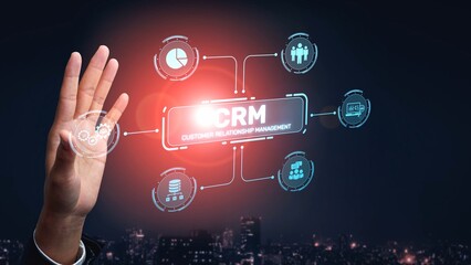 Fototapeta premium CRM platforms improve customer relationships through data analysis, CRM communication tools, and automation. CRM systems support customer management, tracking, and CRM relationship success. Muxer