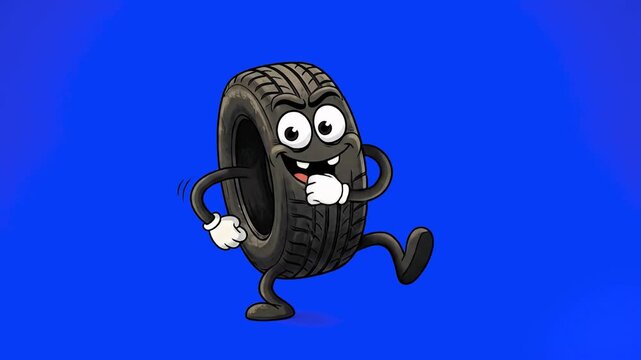 An animated 2D cartoon tire character with a funny face and white gloves is shown dancing or running in place. The loopable sequence is isolated against a solid blue background.