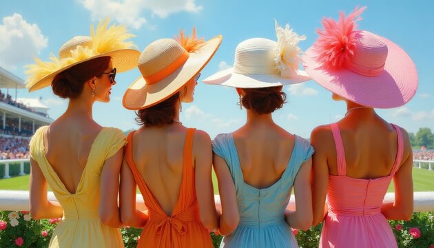 Women in elegant dresses and fancy hats attend horse race. They enjoy sunny day outdoors watching event. Fashionable ladies gather for prestigious sporting competition on summer afternoon.