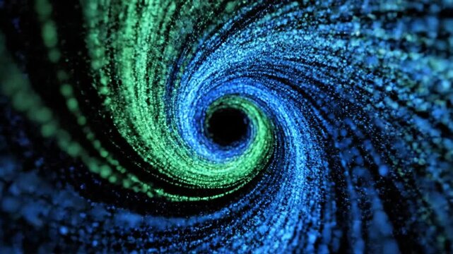Digital particle spiral with blue and green glowing elements