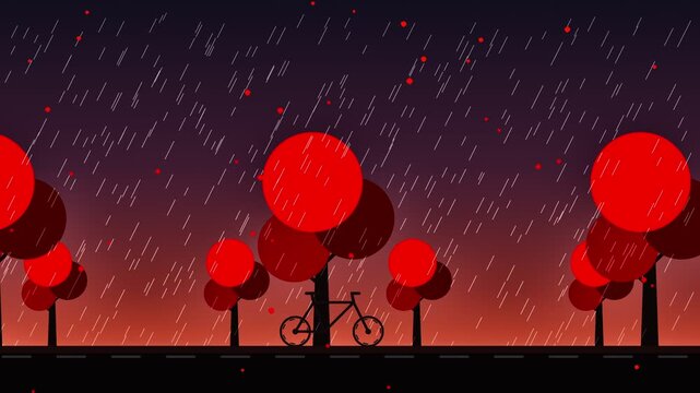 Flat vector illustration of a bicycle parked under red trees during a heavy rainstorm at night