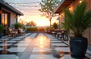 Fototapeta premium Empty modern patio with black white tile floor. Outdoor lounge chairs and tables under string lights. Tropical palm plant by building facade at sunset. Peaceful urban rooftop terrace.
