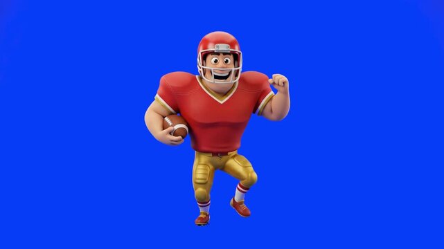 A strong 3D animated rugby or american football player with a light skin tone, wearing a red jersey, golden pants, and helmet, pumps his fist and dances triumphantly. Optimized as a commercial asset f