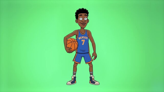 A stylized 2D cartoon basketball player in a blue jersey with the number 7 stands holding a basketball, looking forward with a smile. This athletic character asset is isolated on a chroma key green sc