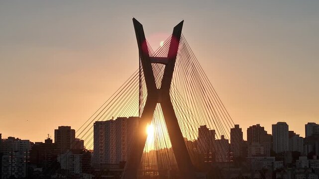 Timelapse video during sunset  of Oct&aacute;vio Frias de Oliveira Bridge, the cable-stayed bridge over Marginal Pinheiros in S&atilde;o Paulo, Brazil
