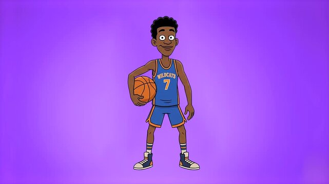 A friendly 2D animated young basketball player with a dark skin tone, wearing a blue "Wildcats" jersey with number 7, holds a basketball under his arm and performs a joyful victory dance against a pur