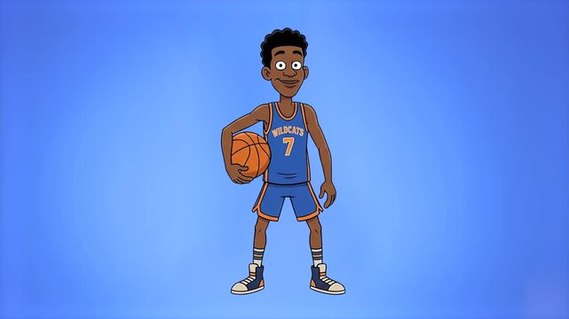 A 2D flat cartoon animation of a young dark-skinned Black male basketball player in a blue uniform dancing happily while holding a ball on a blue background. Perfect for sports victory celebrations, y