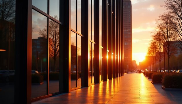 Modern office building exterior with glass facade reflects warm sunset light creating golden reflections on paved walkway. Tall dark mullions form strong vertical lines against bright sky. City