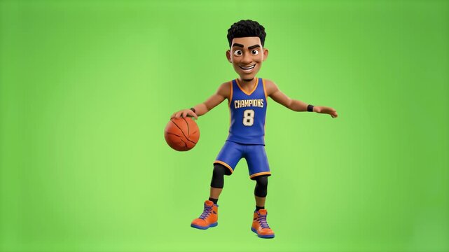 A playful 3D animated basketball athlete in a blue jersey dancing and showing off moves with a basketball. Shot on a solid green screen backdrop, this clip allows for easy chroma key replacement in sp