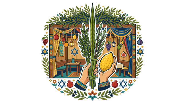 Hands holding the Four Species Lulav and Etrog for Sukkot.