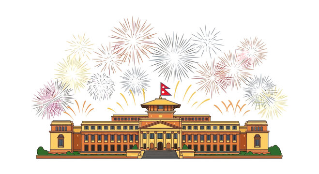 Illustration of Singha Durbar Palace in Kathmandu Nepal with Fireworks.