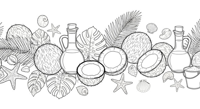 Seamless pattern of coconuts and tropical oil bottles.