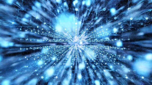 Animazione 3D di rete neurale e connessioni digitali infinite e con sfumature di blu ed azzurro in ambiente oscuro di fantasia