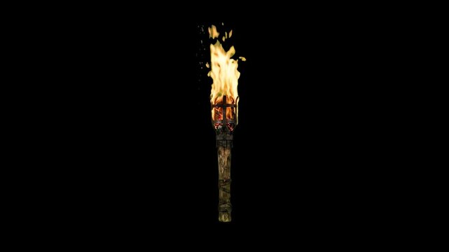 A high-contrast 3D animation showcasing a burning wooden torch with realistic flickering fire loops, completely isolated against a dark black backdrop. Designed for cinematic intros, dramatic scene il