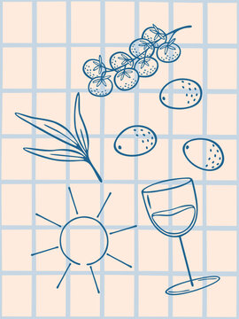 Line art drink with snacks on the grid background