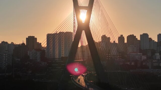 Aerial view during sunset  of Oct&aacute;vio Frias de Oliveira Bridge, the cable-stayed bridge over Marginal Pinheiros in S&atilde;o Paulo