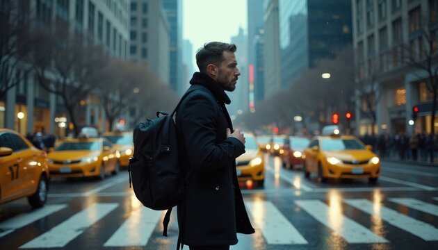 Man in coat with backpack crosses busy city street. Yellow cabs drive past on wet road. Urban traffic surrounds him in downtown district. Tall buildings tower over busy avenue.
