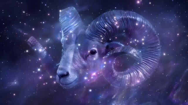 Space universe exploration, fantasy, mysterious. A vivid digital artwork depicts a rams head against a cosmic backdrop. The rams horns are intricately detailed with a gradient of blue and purple hues.